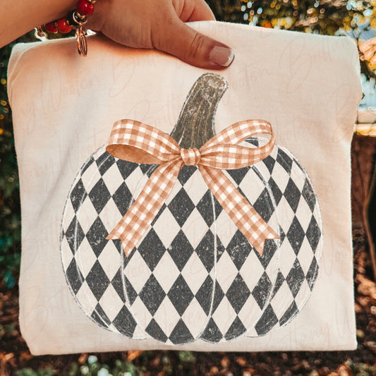 Checkered Pumpkin Bow - Long Sleeves Comfort Colors