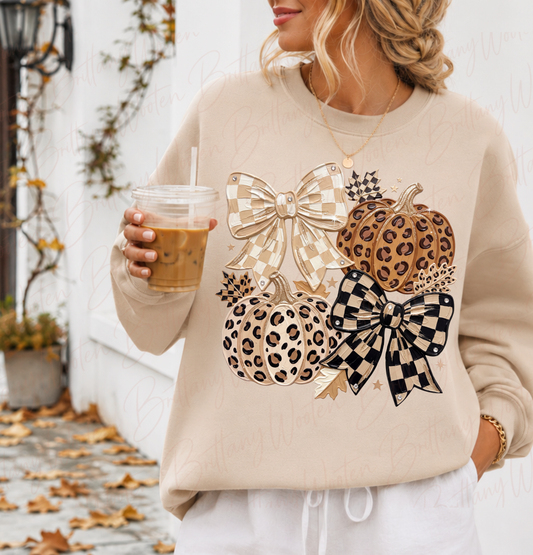 Leopard Pumpkins & Checkered Bows - Gildan/Jerzees Crew